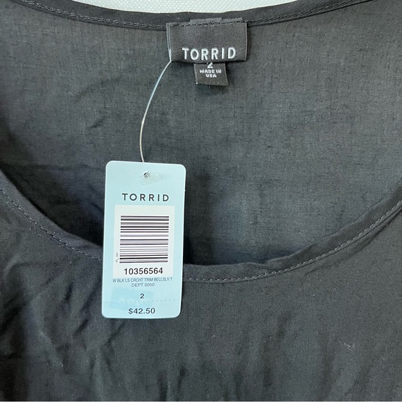 Torrid Black Crochet Trim Bell Sleeve Top NWT - Picture 3 of 9